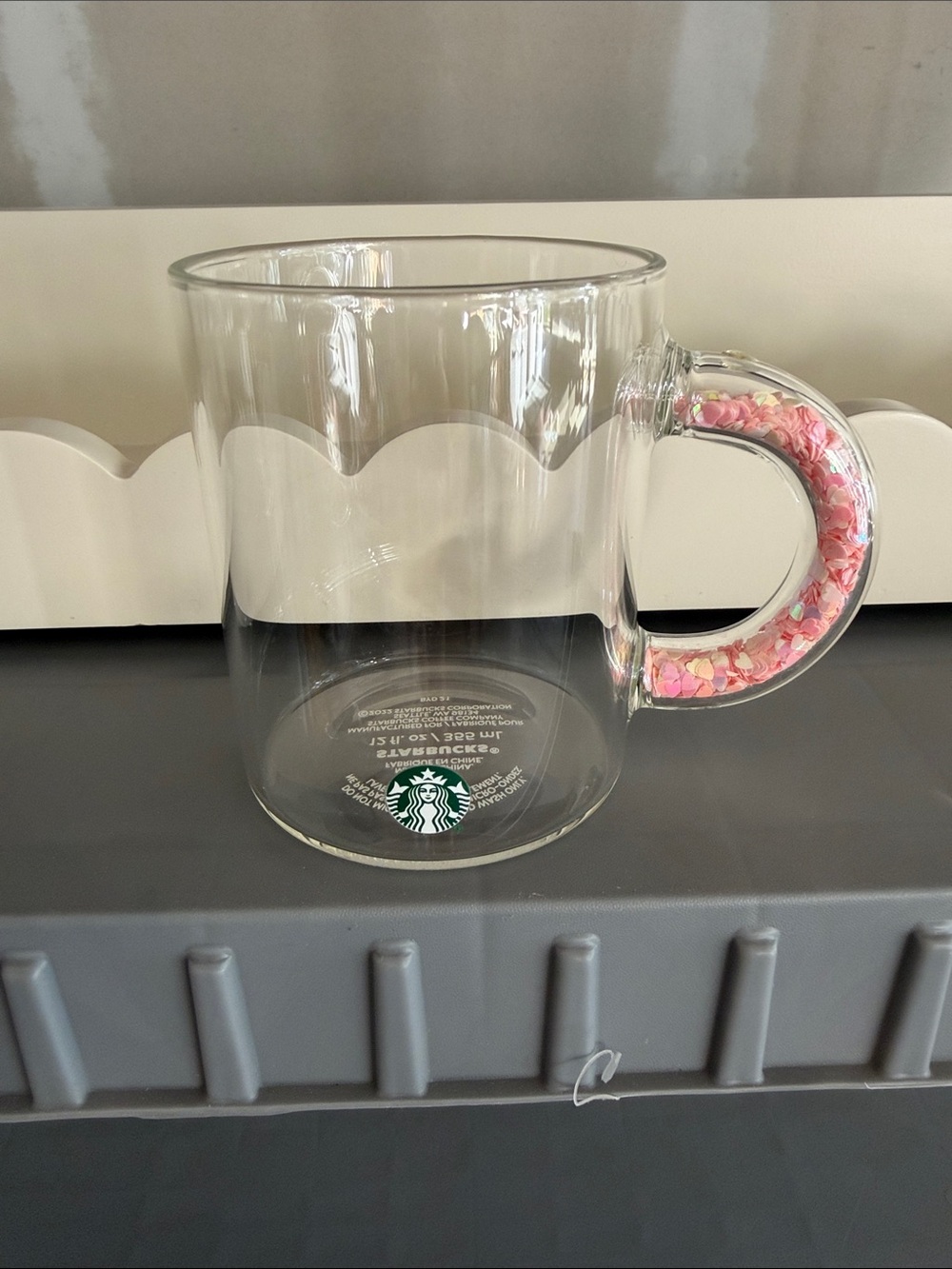 Starbucks valentines Clear Glass Mug with Pink Confetti Handle